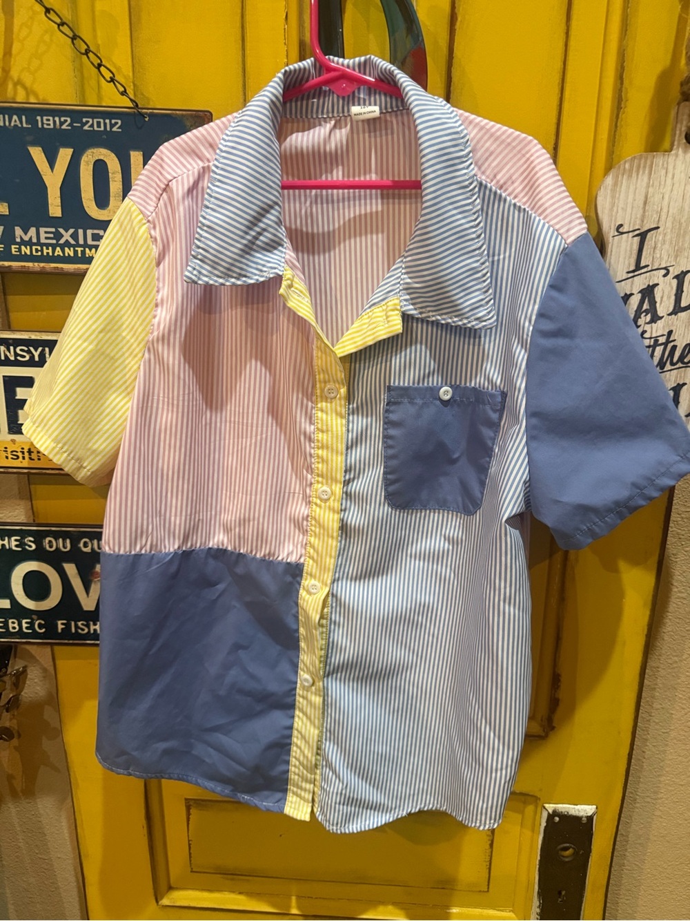 Colorblock Striped Button-Up Shirt in Pastel Blue, Pink & Yellow